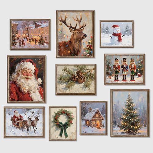 Whaline 10Pcs Vintage Christmas Wall Art Prints – Santa, Snowman & Reindeer Unframed
