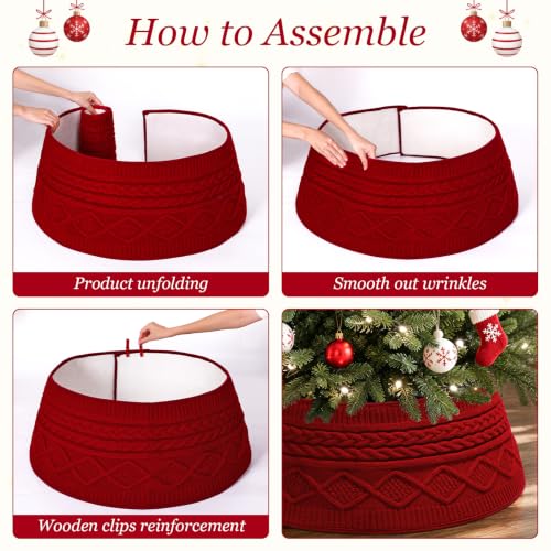 UXORSN 28 Inch Red Knitted Christmas Tree Collar Rustic Cable Knit Tree Skirt