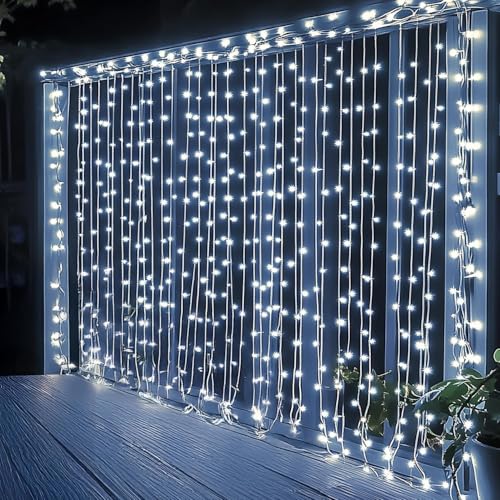 Dazzle Bright 300 LED Curtain String Lights White, 8 Modes, Connectable IP44
