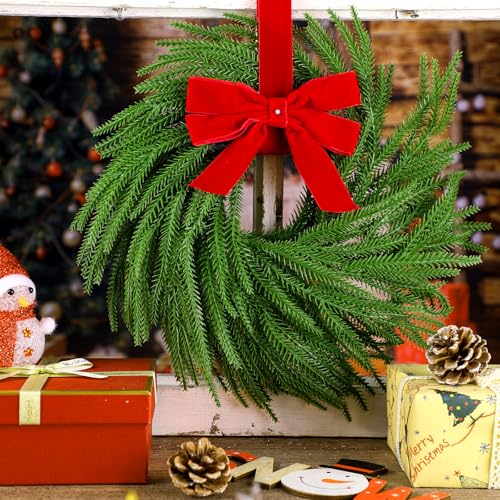 Set of 4 Mini Christmas Cabinet Wreaths, 15-Inch Norfolk Pine with Red Bows