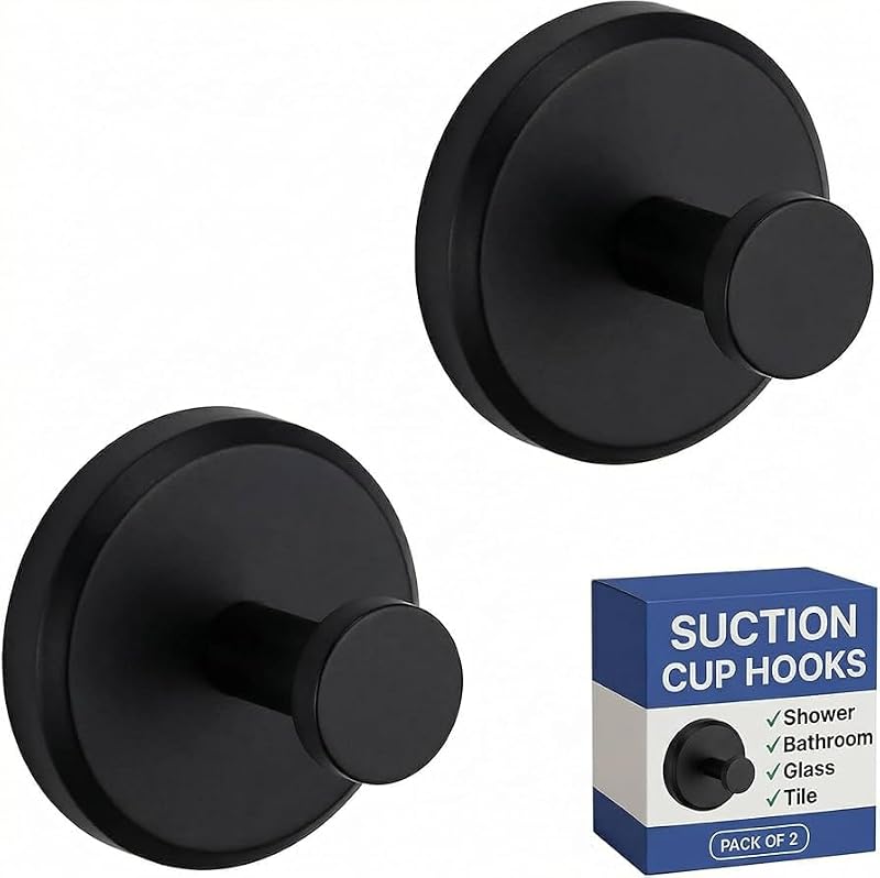HOME SO Suction Cup Hooks for Shower & Bathroom Towel Holder 2-Pack Black