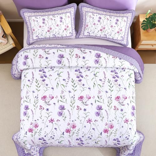 Floral Quilt Set Queen, Purple Flower Bedspread Coverlet for All Seasons