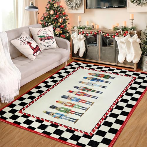 Ouyattle 3x5 Nutcracker Christmas Rug - Black and White Non-Slip Faux Wool Runner