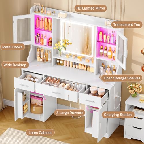 Large Vanity Desk with LED Mirror, RGB Cabinets, Drawers & Power Outlet