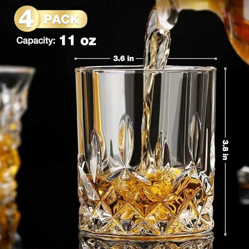 Hlukana Whiskey Glasses Set of 4 - 11 OZ Rocks & Scotch Glassware, Gift for Men & Women
