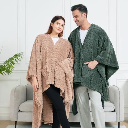 Sherpa Fleece Wearable Blanket Shawl with Pockets, Cozy Poncho Cape