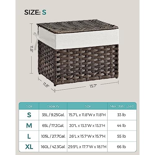 SONGMICS Storage Basket with Lid, 9.2 Gallon (35L) Storage Bin, Woven Blanket Storage Basket with Handles, Foldable, Removable Liner, Metal Frame, for Bedroom, Laundry Room, Brown URST040K01
