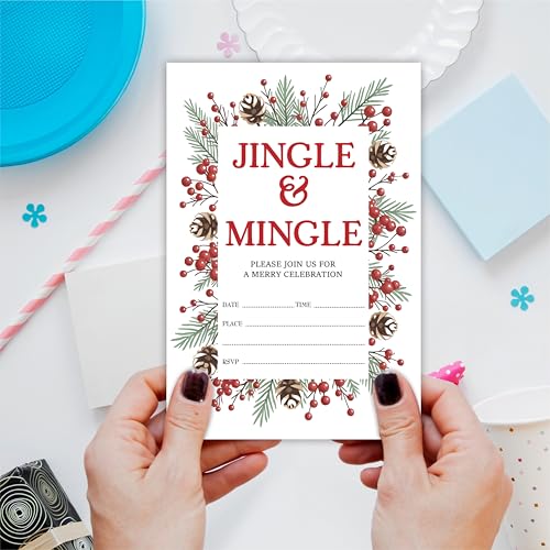 Jingle & Mingle Christmas Invitation Cards with Envelopes - Greenery, Fill-In Style, Pack of 20