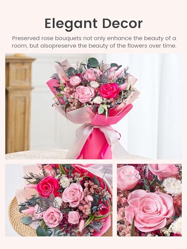 Preserved Real Rose Bouquet with Gift Box - Hot Pink Forever Flowers
