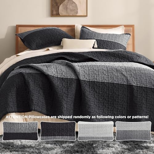 Litanika Queen Quilt Set, 3 Piece Black and White Stripe Coverlet Bedspread