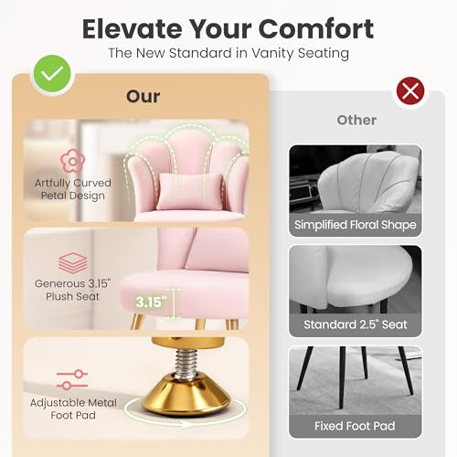 Petal Velvet Makeup Vanity Chair with Lumbar Pillow and Gold Metal Legs