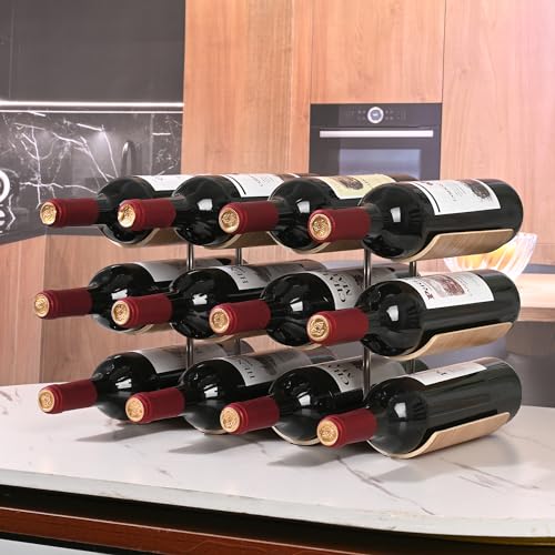 12-Bottle Wooden Countertop Wine Rack - 3-Tier Wavy Storage Holder