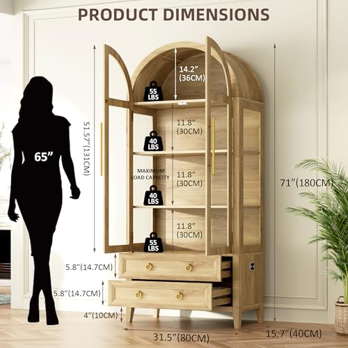 71-Inch Arched Curio Cabinet with LED Lights, 4-Tier Display & 2 Drawers