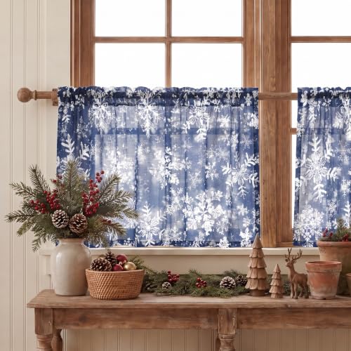 Horaldaily 2 Pack Christmas Sheer Window Valances 52x14in Snow Blue Foil