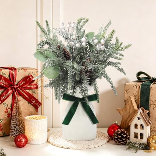 Hanmere Artificial Christmas Pine Branches with Vase - Red Berry, Green Variation