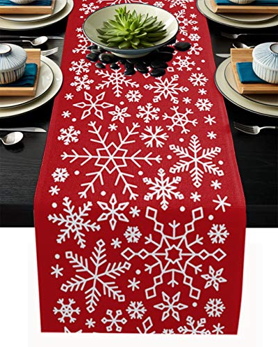Christmas Snowflake Burlap Table Runner 13x120in - Red Holiday Home Decor