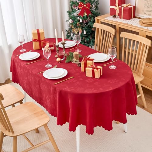 EFFICINATURE Red Jacquard Oval Tablecloth 60x84 Inches Waterproof & Washable