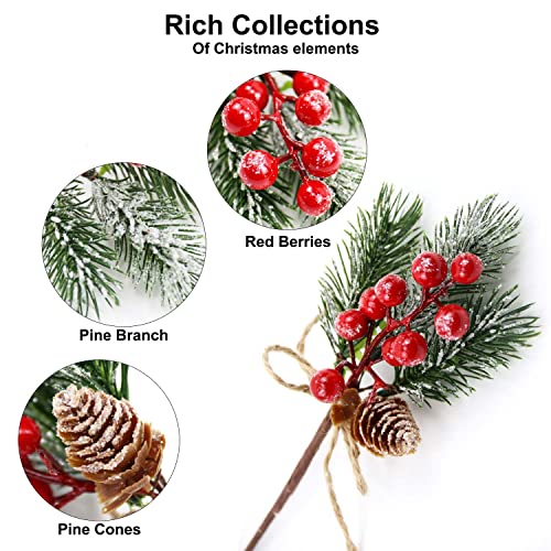 10-Pack Glitter Christmas Berry Picks with Pine Branches and Cones for Wreaths & Decor