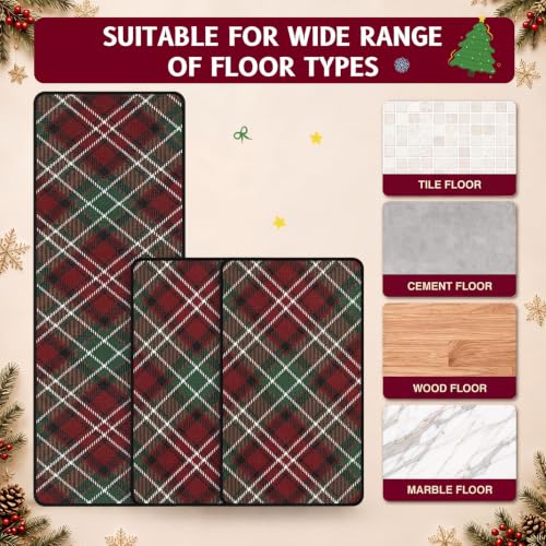 Willinglong 3-Piece Red & Green Tartan Plaid Christmas Kitchen Mats Set (Red/Green Plaid) - 16.9 x 29.9in + 16.9 x 46.9in Runner