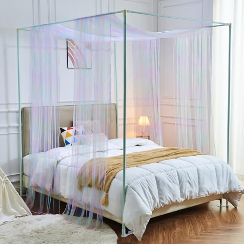 Rainbow Tie-Dye Bed Canopy for Kids with Lights, Sheer Tulle Curtains