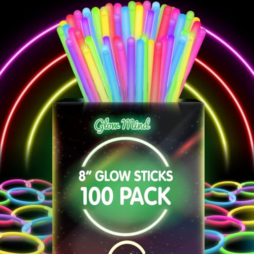 Glow Mind 100 Ultra Bright Glow Sticks Bulk Party Pack with Connectors