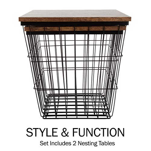 Nesting End Tables Set of 2 - Square Wood Top Side Tables with Storage Baskets