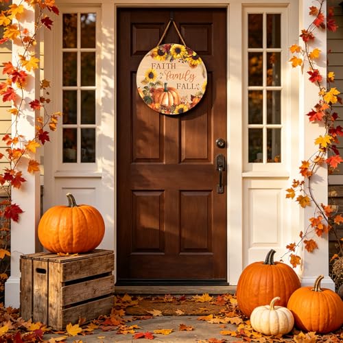 Faith Family Fall Wood Door Sign, 12-Inch Round Pumpkin Sunflower Wall Decor