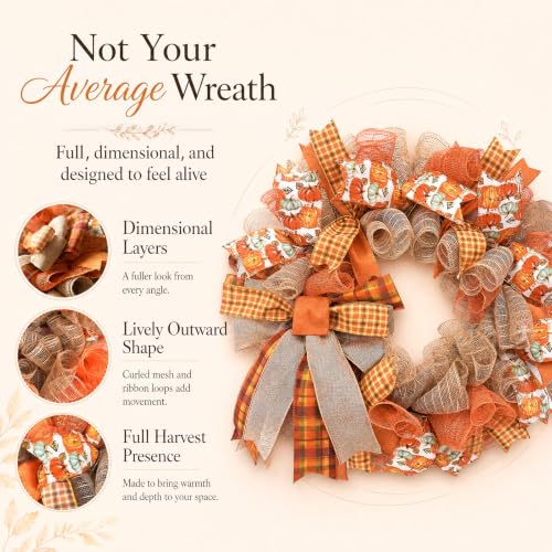 24-Inch Lighted Fall Pumpkin Wreath for Front Door with Storage Bag