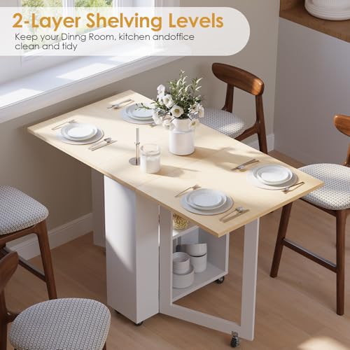 Folding Dining Table with Storage Shelf and Rolling Wheels, White