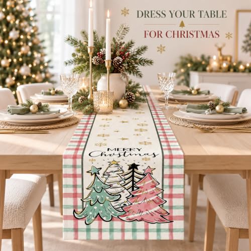 Christmas Table Runner 13x72 Inch Buffalo Plaid Snowflake Xmas Trees Decor