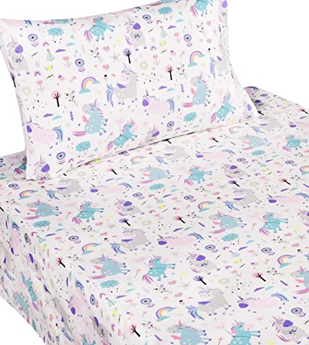 Unicorn Cotton Twin Bed Sheet Set - Kids Floral Rainbow Bedding