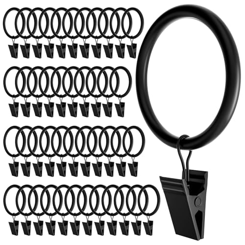 44 Pack Black Curtain Rings with Clips, 1.5-inch Heavy Duty Drapery Hangers