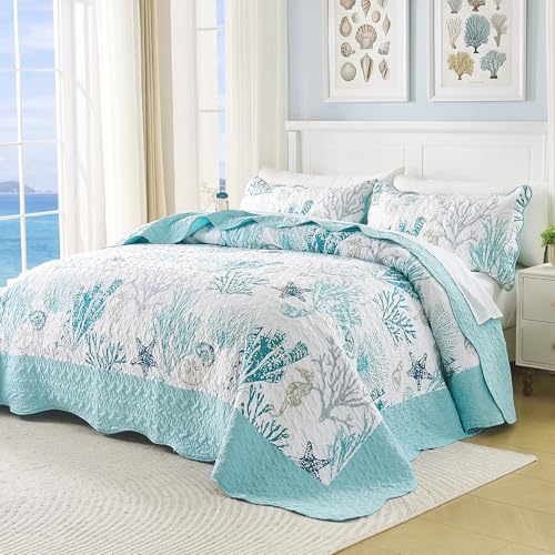 Qucover Oversized California King Coastal Quilt Set - 118"x106" Bedspread