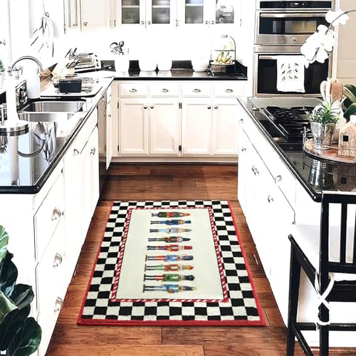 Ouyattle 3x5 Nutcracker Christmas Rug - Black and White Non-Slip Faux Wool Runner