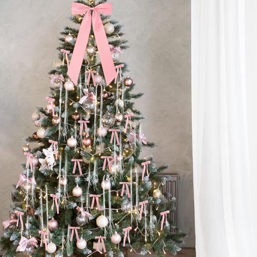 Pink Christmas Tree Decor Set with Velvet Bows, Tree Topper & Silver Icicles