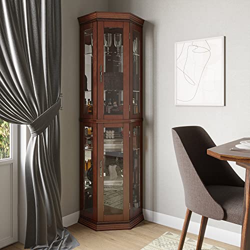 Wooden Corner Curio Cabinet with Lighted Display Shelves & Glass Door