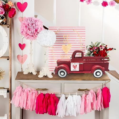 13.4" Farmhouse Red Metal Truck with 20 Interchangeable Seasonal Magnets
