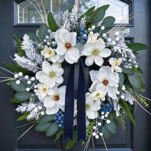 24 Inch White Magnolia Winter Wreath with Navy Ribbon & Silver Berries