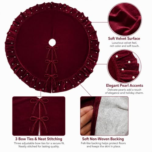 AtiMing 150 cm Red Velvet Christmas Tree Skirt with Ruffled Edge and Pearls (Red with Small Pearls) 60-inch
