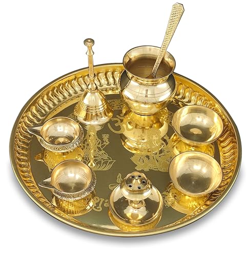 8-Inch Brass Pooja Thali Set with Ritual Accessories for Home Worship