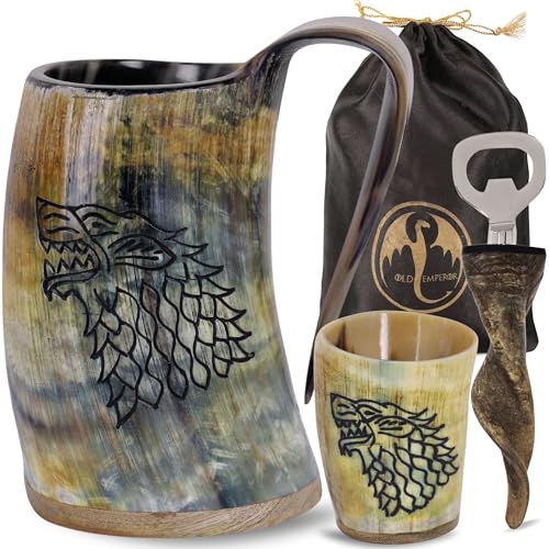 Handcrafted Viking Horn Mug Set with Shot Glass and Bottle Opener