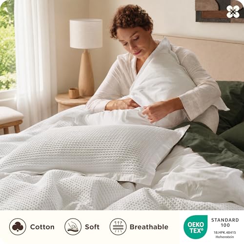 100% Cotton Waffle Duvet Cover Set - 3 Piece Queen Bedding, White
