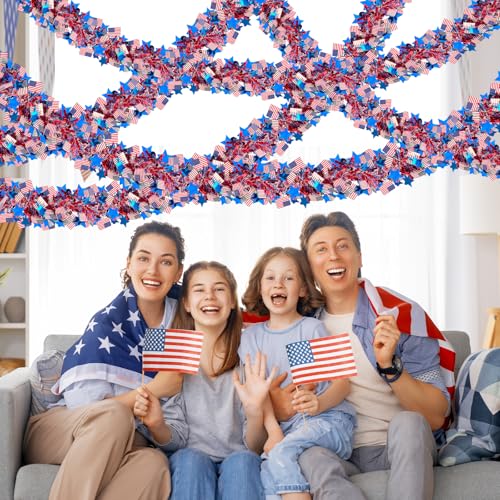 50ft Patriotic Red White & Blue Metallic Tinsel Garland with Stars