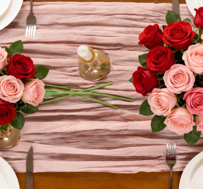 Jimtx Dusty Pink Table Runner 3pcs Boho Gauze Easter Cheesecloth Table Runner 22×120 inches 10FT Spring Home Decor for Wedding Baby Bridal Shower Birthday Party Ceremony