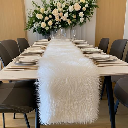 White Faux Fur Table Runner 12x48 Inch Christmas Decor - KERTFGOKU