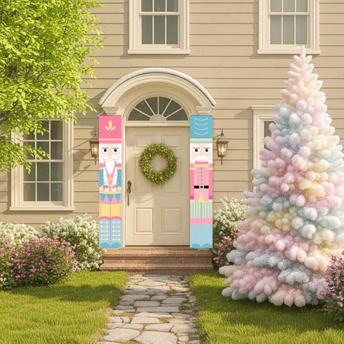 Pink Pastel Nutcracker Christmas Porch Banners - 12x71 Inch Front Door Sign Set