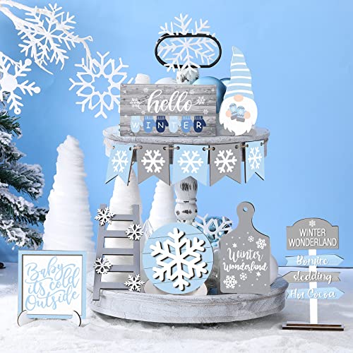 Yalikop 12-Piece Winter Tiered Tray Decor Set with Snowflake / Gnomes Style (Blue Gray) – Wood Signs