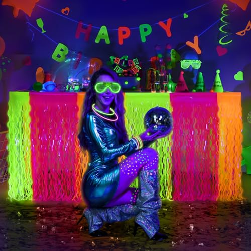 Neon Foil Fringe Table Skirts, 2 Pack Glow in the Dark Party Decorations