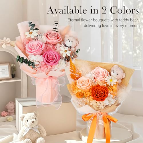 Preserved Orange Roses Bouquet with Stuffed Bear & Luxury Gift Box