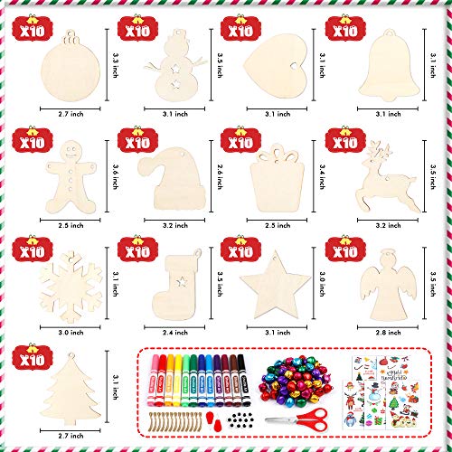 Shuttle Art 360-Piece Wooden Christmas Ornament Kit – 130 Unfinished Wood Slices, 12 Markers, 50 Bells & 130 Jute Twine